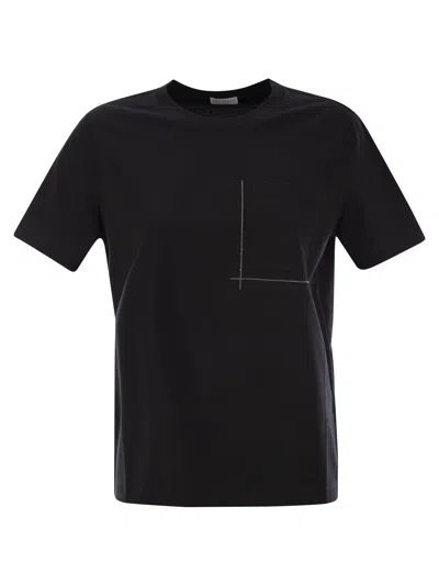 Brunello Cucinelli Cotton Jersey T Shirt With Shiny Pocket Detail In Black