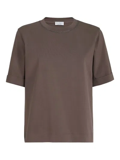 Brunello Cucinelli Cotton Jersey T-shirt With Shiny Trims In Brown