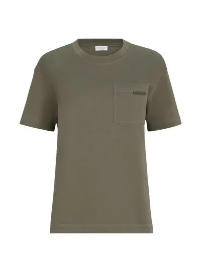 Brunello Cucinelli Cotton Jersey T-shirt With Shiny Tab In Green