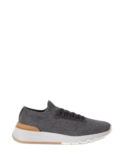 Brunello Cucinelli Cotton Knit And Semi-polished Calfskin Runners In Multi
