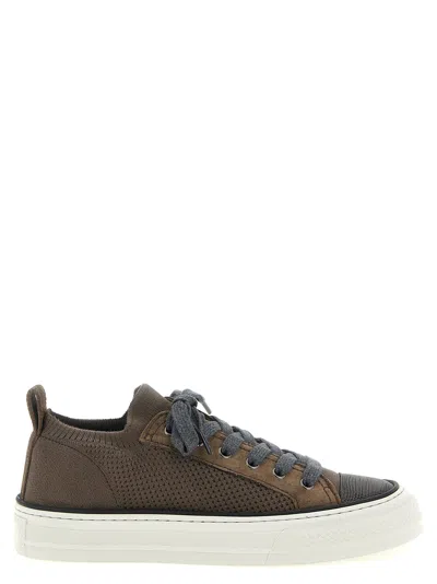 Brunello Cucinelli Cotton Knit And Suede Low-top Sneaker In Brown