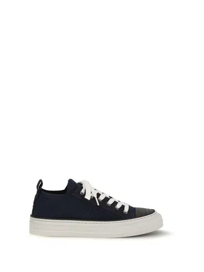 Brunello Cucinelli Bead-embellished Suede-trimmed Stretch-knit Sneakers In Blue