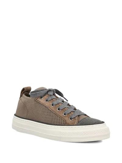 Brunello Cucinelli Cotton Knit And Suede Sneakers With Precious Toe In Brown