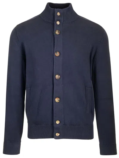 Brunello Cucinelli Cotton Knit Cardigan Knitwear Blue In Navy+dark Grey