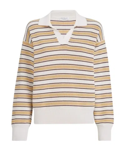 Brunello Cucinelli Cotton Knit Polo With Sparkling Stripes In Multi