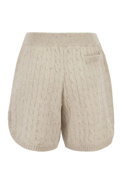 Brunello Cucinelli Cotton Knit Shorts With Sequins In Oat