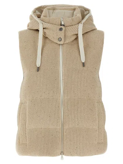 Brunello Cucinelli Cotton Knit Vest With Down Padding And Removable Hood In Neutral