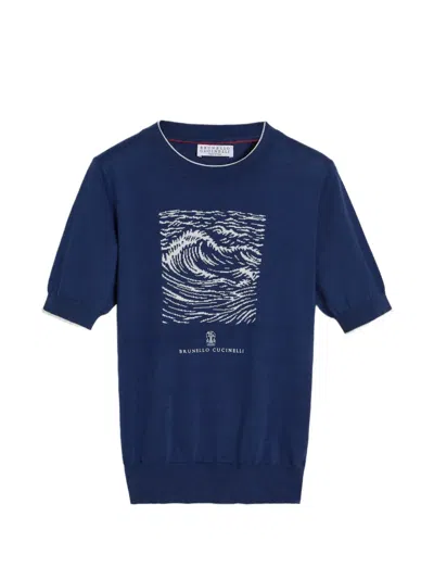Brunello Cucinelli Kids' Cotton Lightweight Knit T-shirt With 'water' Intarsia In Blue