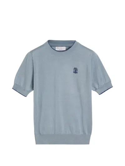 Brunello Cucinelli Kids' Cotton Lightweight Knit T-shirt With Logo In Blue