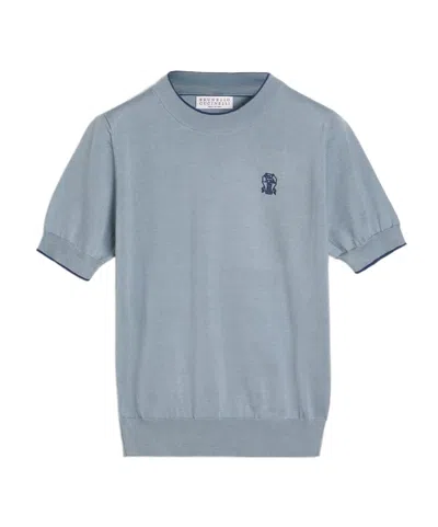 Brunello Cucinelli Kids' Cotton Lightweight Knit T-shirt With Logo In Sky-blue