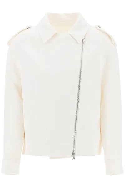 Brunello Cucinelli Cotton-linen Biker Jacket For Women In White | Oversized Fit With Asymmetric Zip | Ss24 Collection