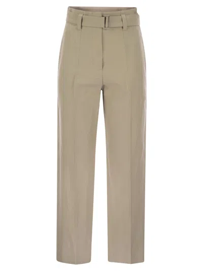 BRUNELLO CUCINELLI COTTON LINEN CANVAS CORSET CIGARETTE TROUSERS WITH JEWELLERY