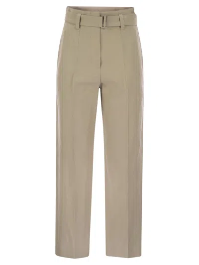 Brunello Cucinelli Cotton Linen Canvas Corset Cigarette Trousers With Jewellery In Neutral