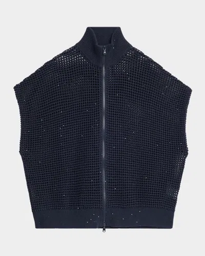 Brunello Cucinelli Cotton-linen Mesh Short-sleeve Zip Jacket In Blue