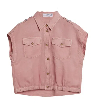 Brunello Cucinelli Kids' Cotton-linen Pinpoint Sleeveless Denim Jacket (4-12+ Years) In Pink