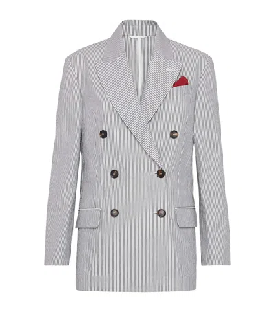 Brunello Cucinelli Cotton-linen Stripe Double-breasted Blazer In Grey