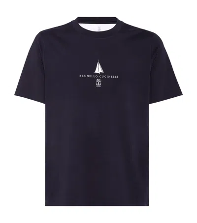 Brunello Cucinelli Cotton Logo Print T-shirt In Blue
