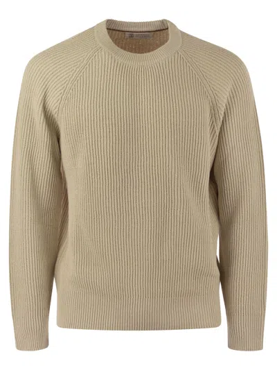 Brunello Cucinelli Cotton Malfile Rib Sweater With Raglan Sleeve In Rope