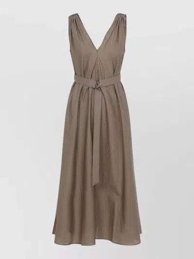 Brunello Cucinelli Cotton Midi Dress Belted Sleeveless V Neckline In Brown