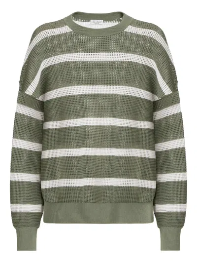 Brunello Cucinelli Cotton Net Striped Sweater In Multi