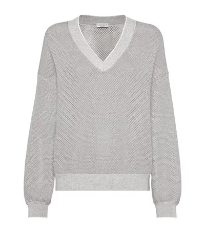 Brunello Cucinelli Cotton Net V-neck Sweater In Grey