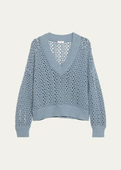 Brunello Cucinelli Cotton Open-work Knit Sweater In C9704 Artic Blue