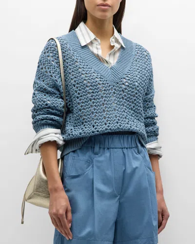 Brunello Cucinelli Cotton Open-work Knit Sweater In Blue