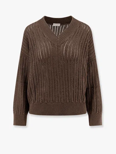 BRUNELLO CUCINELLI COTTON OPENWORK RIB SWEATER WITH MONILI DETAIL