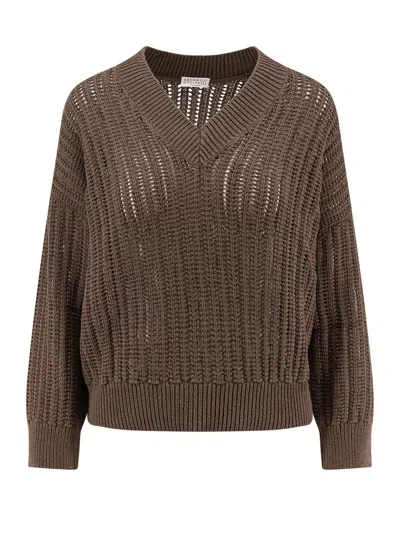 Brunello Cucinelli Cotton Openwork Rib Sweater With Monili Detail In Brown