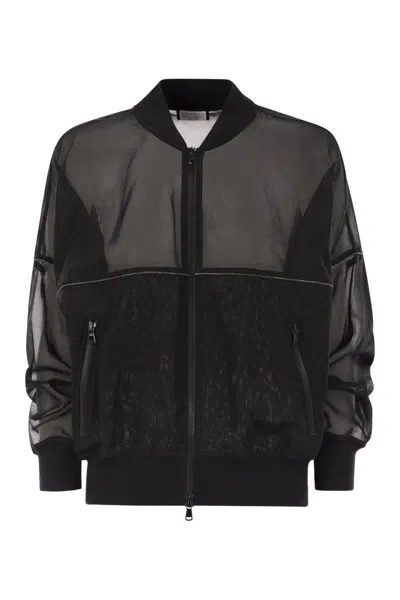 Brunello Cucinelli Cotton Organza Bomber Jacket With Shiny Trims In Black