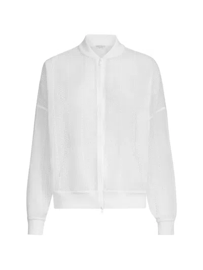 Brunello Cucinelli Cotton Organza Broderie Anglaise Bomber Jacket With Zip And Monili In White