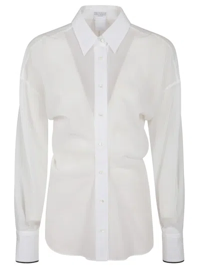 Brunello Cucinelli Cotton Organza Shirt With Wide Sleeves In Bianco