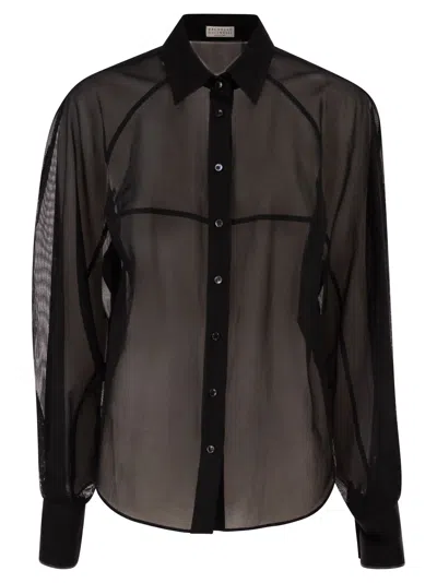 Brunello Cucinelli Cotton Organza Stripe Shirt With Necklace In Black