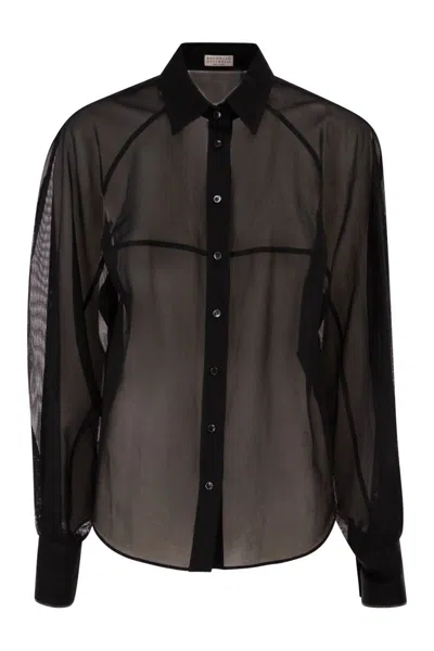 Brunello Cucinelli Cotton Organza Stripe Shirt With Necklace In Black