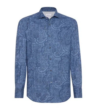 Brunello Cucinelli Cotton Paisley Slim-fit Shirt In Blue