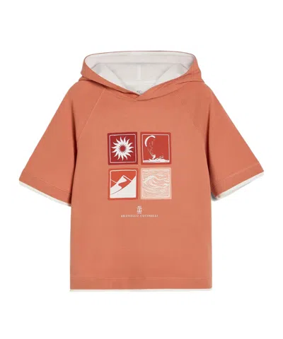 Brunello Cucinelli Cotton Piqué Hooded Sweatshirt With Print In Orange