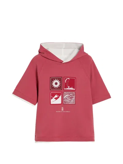Brunello Cucinelli Kids' Cotton Piqué Hooded Sweatshirt With Print In Red