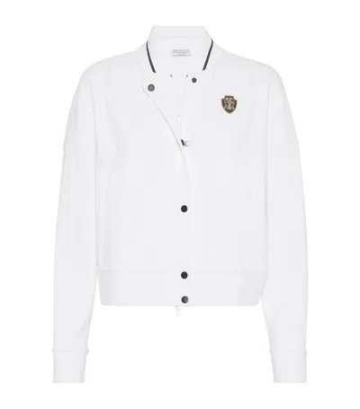 Brunello Cucinelli Cotton Piqué Logo Bomber Jacket In White