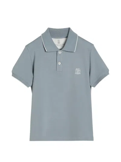 Brunello Cucinelli Kids' Cotton Piqué Polo Shirt With Logo In Blue