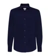 Brunello Cucinelli Men Silk And Cotton Jersey Shirt With Spread Collar In Blue