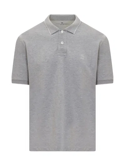 Brunello Cucinelli Cotton Piquet Polo With Embroidered Logo In Grey