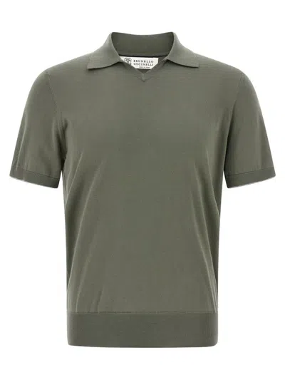 Brunello Cucinelli Cotton Shirt Polo Collar Ribbed Hem In Green