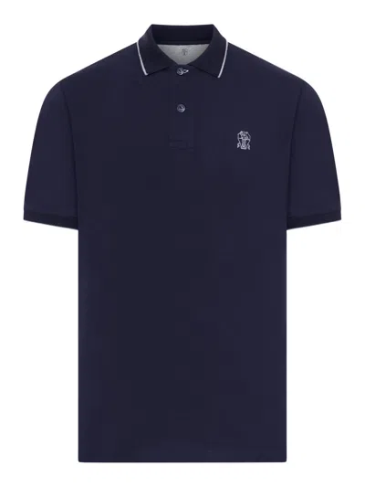 Brunello Cucinelli Men Cotton Polo Shirt With Embroidered Logo In Blue