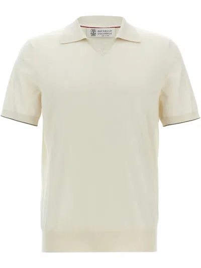 Brunello Cucinelli Cotton Polo Shirt With Logo Embroidery In Beige