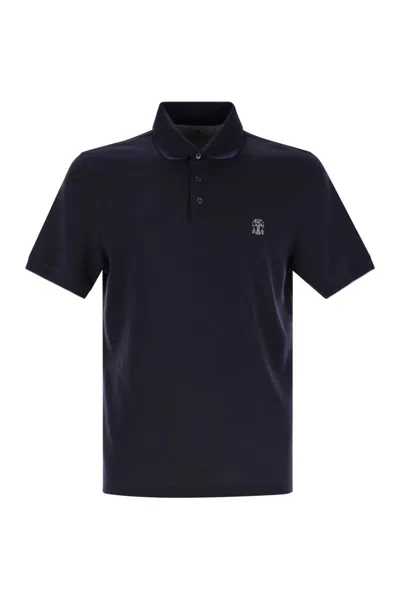 Brunello Cucinelli Cotton Polo Shirt With Printed Logo In Blue