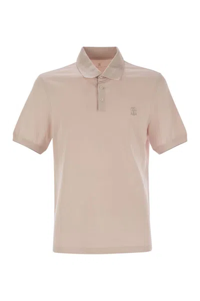 Brunello Cucinelli Cotton Polo Shirt With Printed Logo In Pink