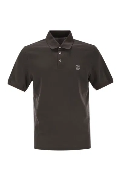 Brunello Cucinelli Cotton Polo Shirt With Printed Logo In Brown