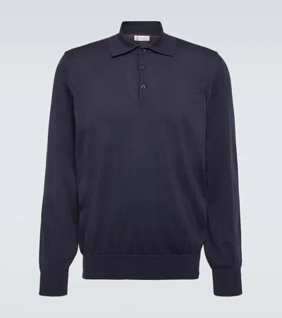 Brunello Cucinelli Cotton Long-sleeve Polo Sweater In Blue