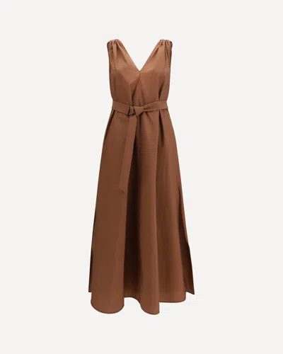 Brunello Cucinelli Cotton Poplin Dress Precious Shoulder Detail In Brown