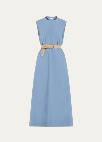 Brunello Cucinelli Cotton Poplin Maxi Dress With Raffia Belt In Blue